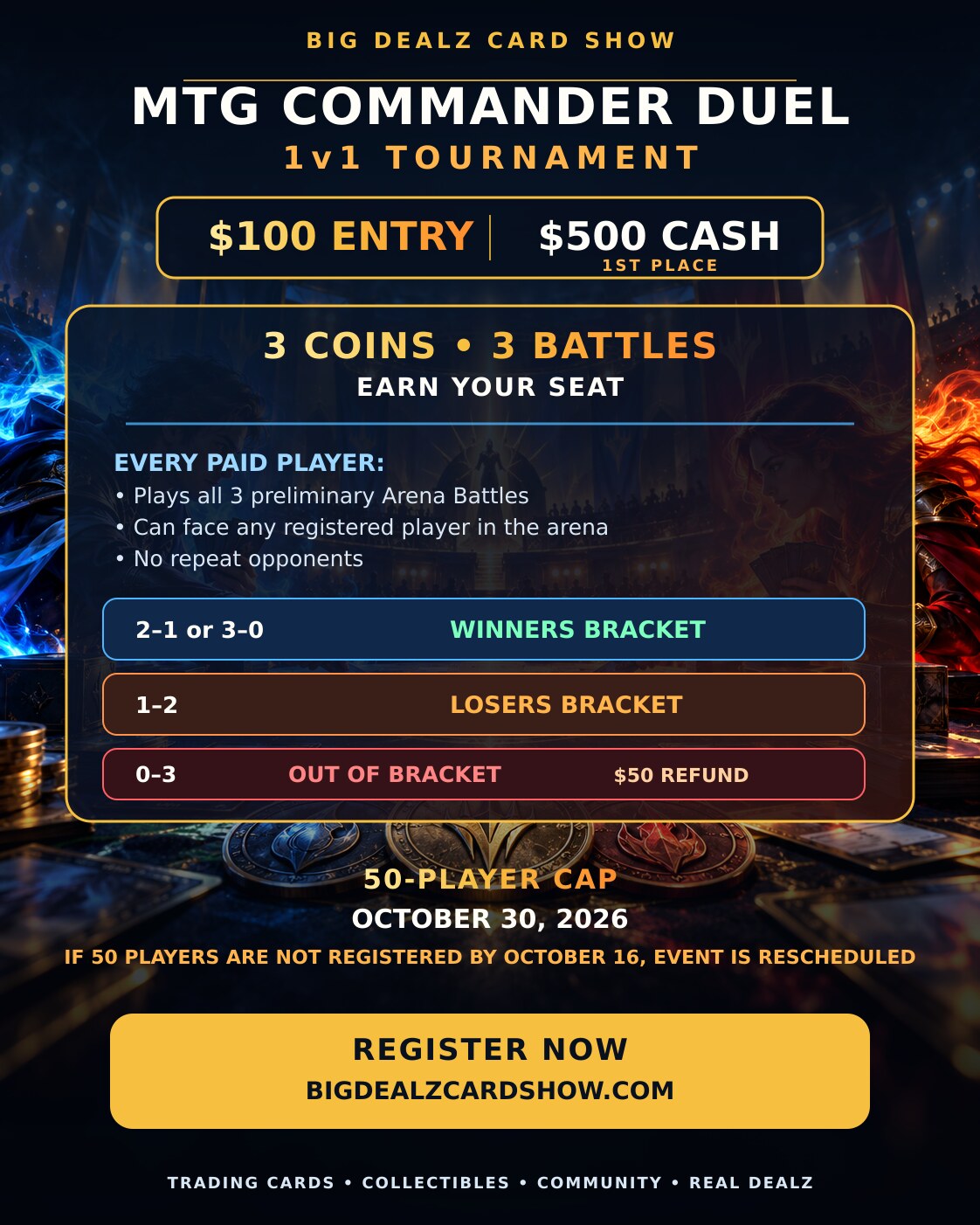 Big Dealz Card Show MTG Commander Duel tournament flyer